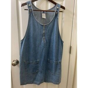 Vintage Blue Denim Dungarees 1/4 Zip Up MINI Dress Pinafore L JUMPER COUNTRY
